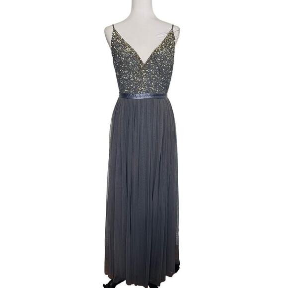 BHLDN Dress Formal Black Tie Gown Slate Blue Gray‎ Beaded Tulle Size 8 - Picture 1 of 11